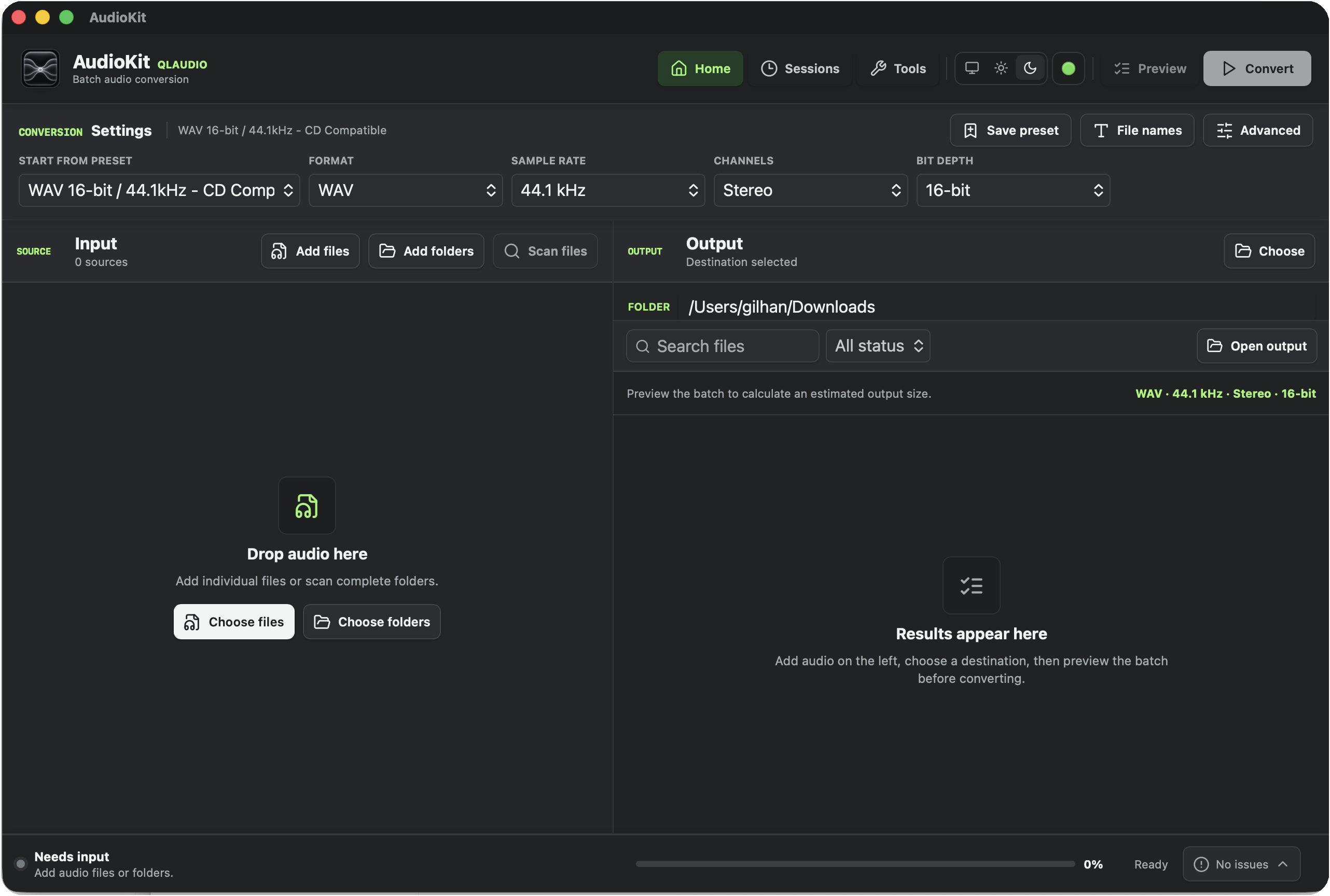 AudioKit desktop conversion workspace in dark appearance