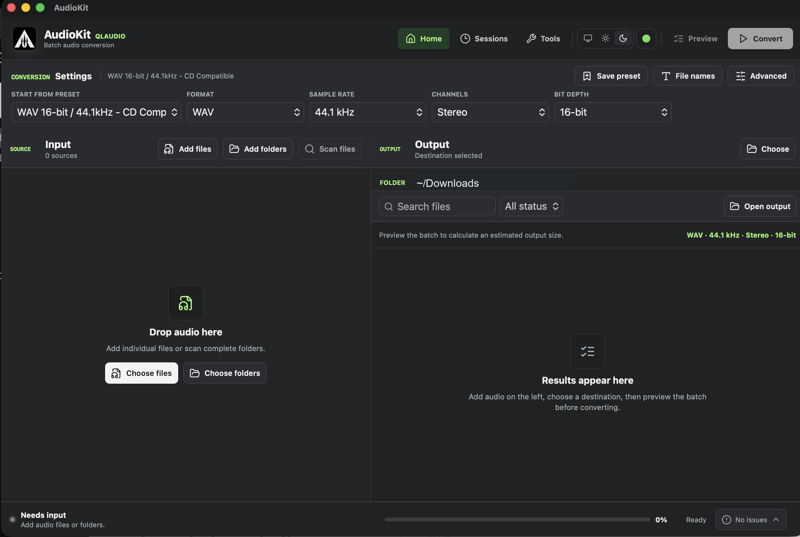 AudioKit desktop conversion workspace in dark appearance