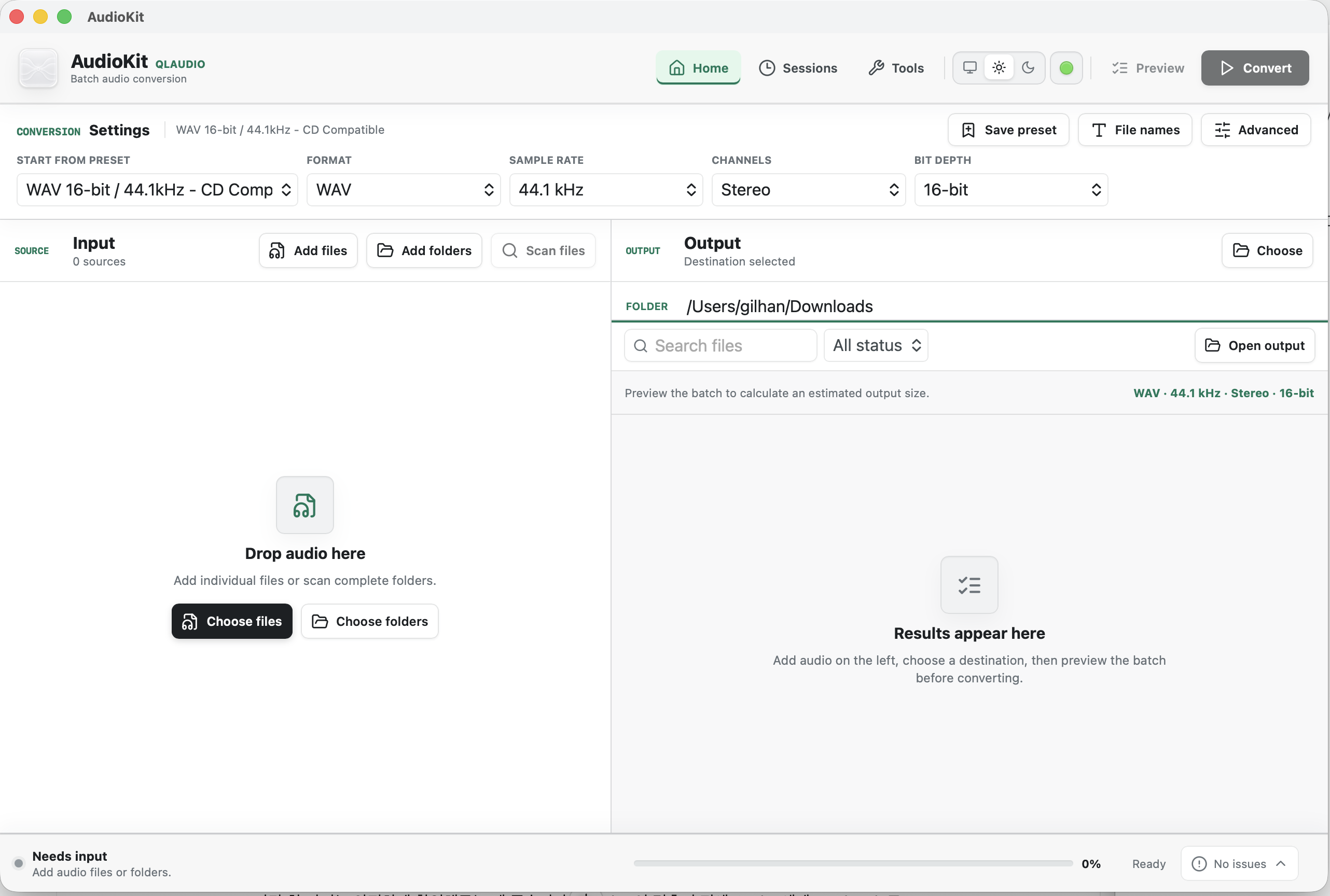 AudioKit desktop conversion workspace in light appearance