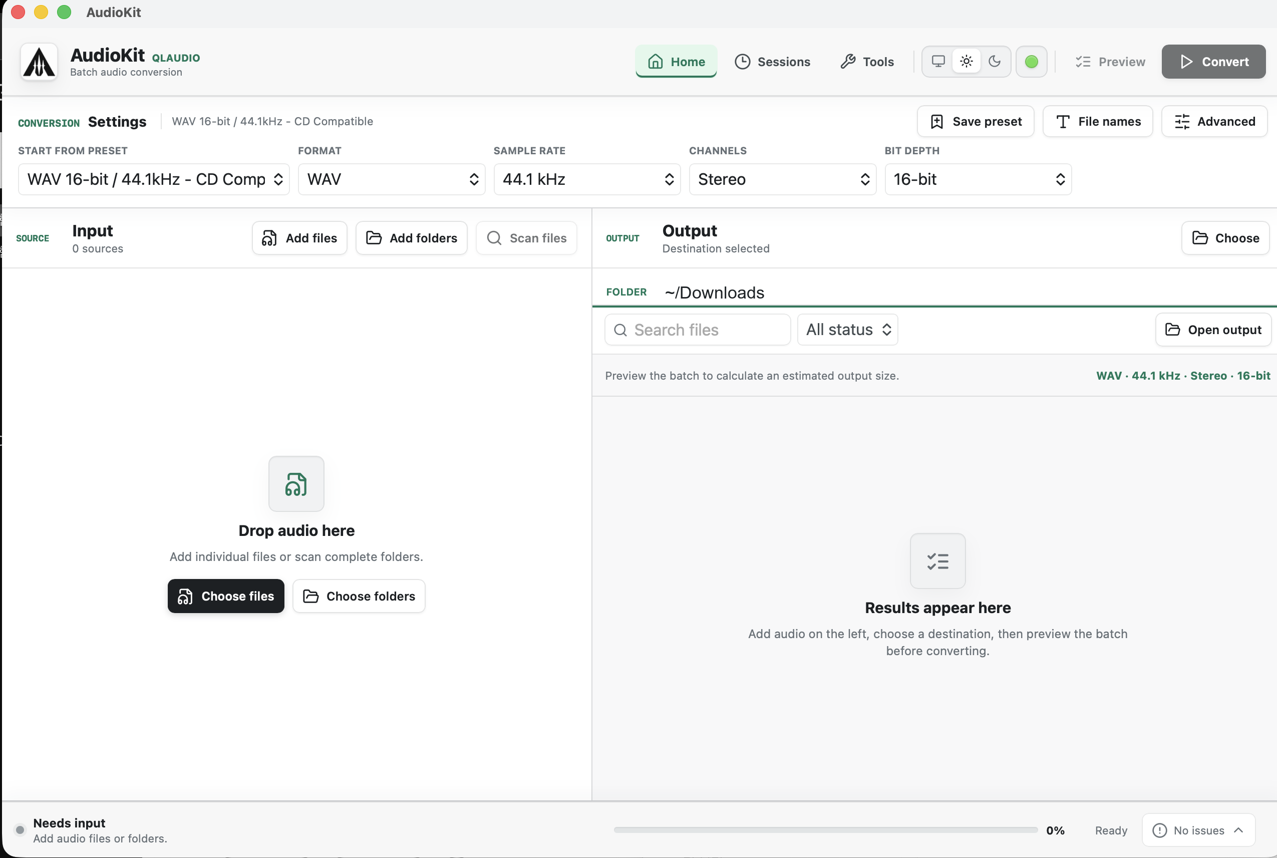 AudioKit desktop conversion workspace in light appearance