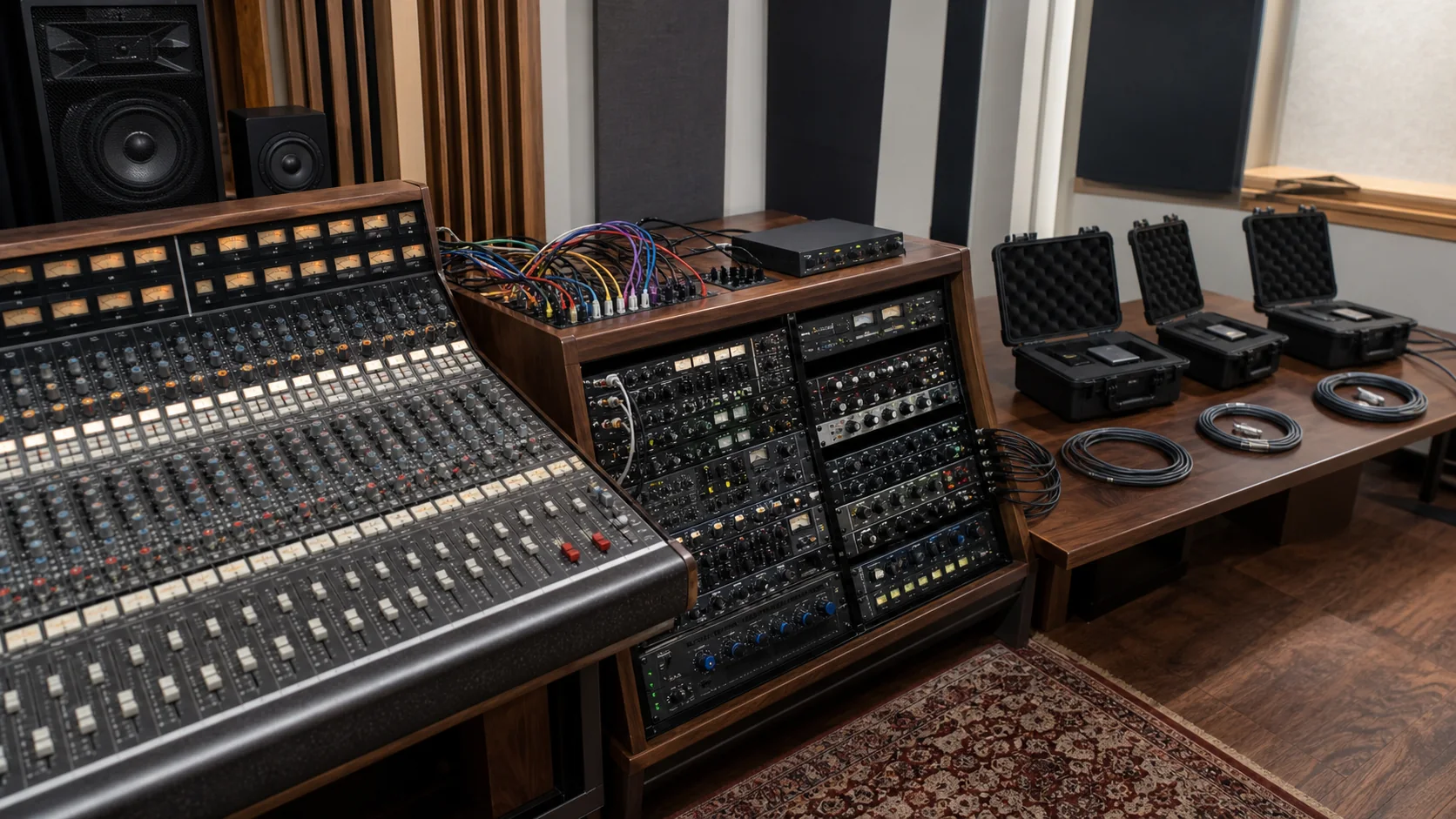 Professional audio studio with multitrack sources organized into separate delivery outputs