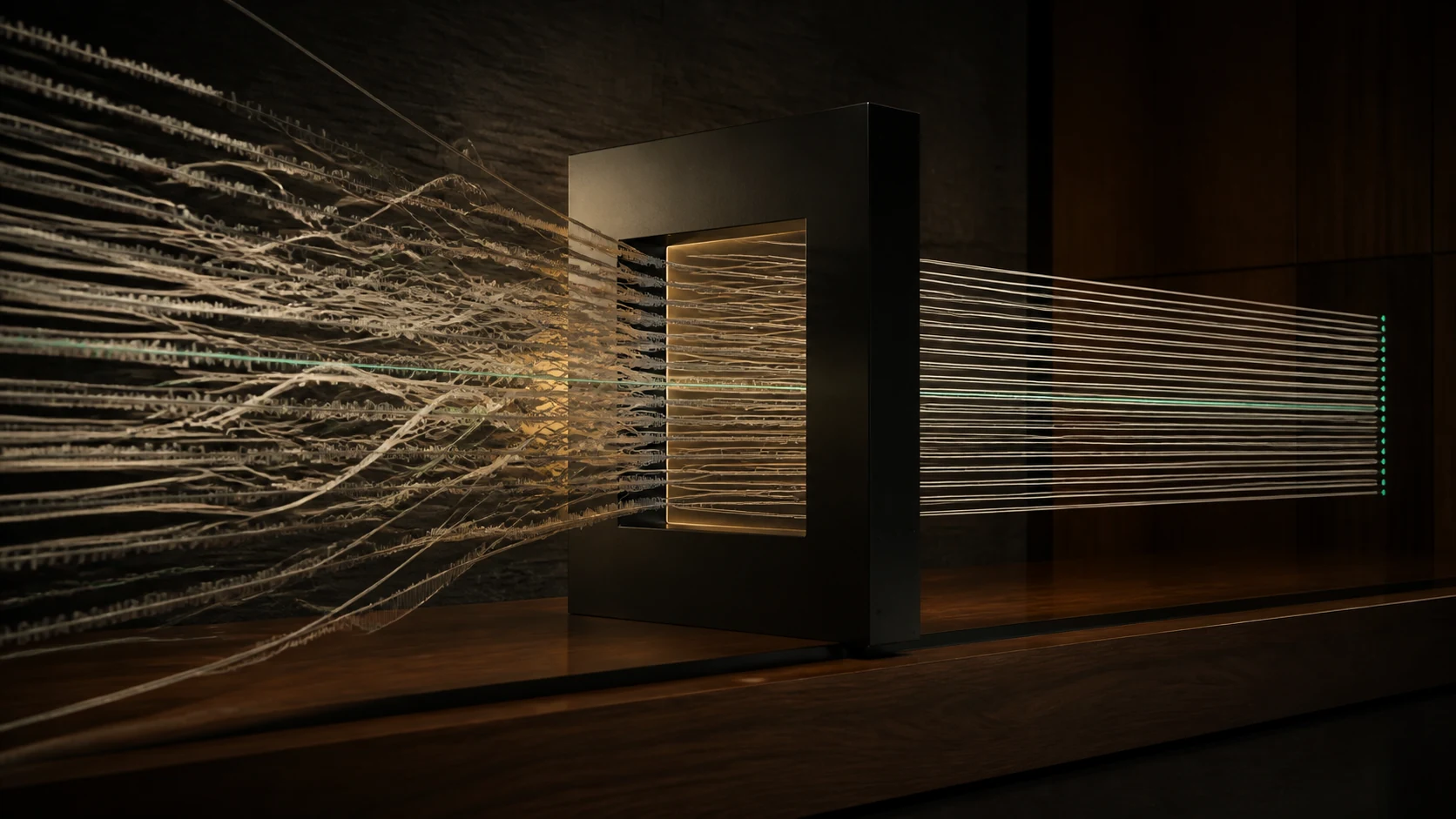 Abstract strands moving through a precise processing frame and emerging as aligned verified outputs